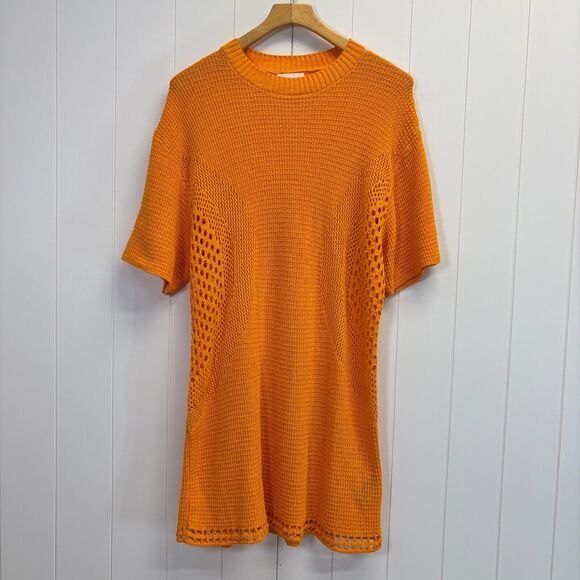 Crochet Midi Dress Women Large Orange‎ Maximalist Boho Festival Beach Semi-sheer - Picture 1 of 8